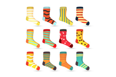 Child Socks Icons Vector. Big Set In Flat Style Illustration. Winter Fashion Sock Fabric Design.