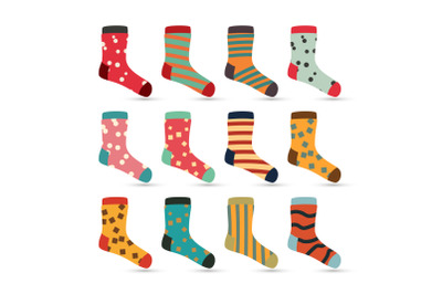 Child Socks Icons Vector. Big Set In Flat Style Illustration. Winter Fashion Sock Fabric Design.