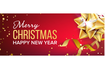 Merry Christmas And Happy New Year Banner Vector. Gold Bow. Red Background Illustration