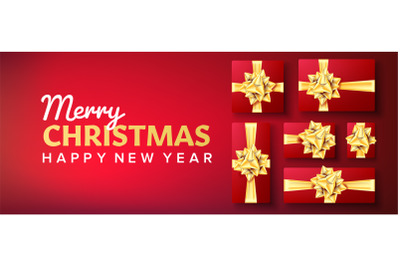 Christmas Banner Vector. Gifts Box With Gold Bow. Red Background Illustration