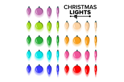 Christmas Bulbs Set Vector. Flat Colored Light Collection. Various Shapes. Isolated On White Background Illustration