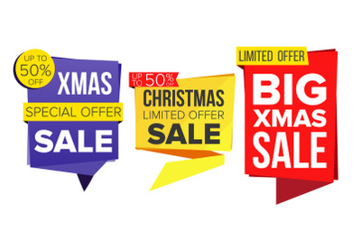 Christmas Sale Banner Set Vector. December Sale Banner. Website Stickers, Holidays Web Design. Up To 50 Percent Off Xmas Badges. Isolated Illustration