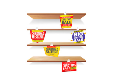 Supermarket Shelves, Holidays Christmas Sale Advertising Wobblers Vector. Retail Sticker Concept. Mega Sale Design. Holidays Xmas Best Offer. Discount Sticker. Sale Banners. Isolated Illustration