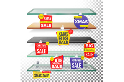 Empty Supermarket Shelves, Holidays Christmas Sale Wobblers Vector. Price Tag Labels. December Big Sale Banner. Holidays Xmas Selling Card. Discount Sticker. Sale Banners. Isolated Illustration