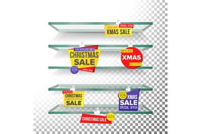 Empty Shelves&2C; Holidays Christmas Sale Advertising Wobblers Vector. Retail Concept. Big Sale Banner. Xmas Holidays Discount Sticker. Sale Banners. Isolated Illustration