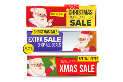 Christmas Sale Banner Vector. Merry Christmas Santa Claus. Discount Tag, Special Xmas Offer Horizontal Banners. Winter Discount And Promotion. Half Price Holidays Stickers. Isolated Illustration