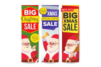 Christmas Sale Banner Set Vector. Merry Christmas Santa Claus. Online Shopping. Winter Website Vertical Banners, Holidays Promo Design. Xmas Advertising Special Element Discount. Isolated Illustration