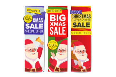 Christmas Sale Banner Vector. Merry Christmas Santa Claus. December Sale Banner. Website Stickers&2C; Holidays Web Design. Up To 50 Percent Off Promotion Xmas Vertical Banners. Isolated Illustration