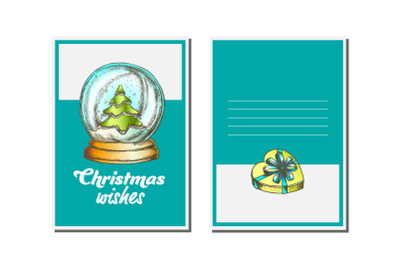 Christmas Greeting Card Vector. Snow Globe. Seasons. Winter Wishes. Hand Drawn In Vintage Style Illustration