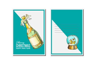 Christmas Greeting Card Vector. Champagne Bottle. Seasons. Winter Wishes. Holiday Concept. Hand Drawn Vintage Style Illustration