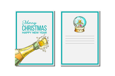 Christmas Greeting Card Vector. Champagne Bottle. Seasons. Holiday Concept. Hand Drawn In Vintage Style Illustration