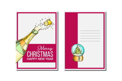 Christmas Greeting Card Vector. Champagne Bottle. Seasons. Winter Wishes. Hand Drawn In Vintage Style Illustration