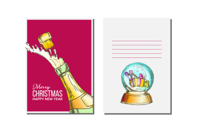 Christmas Greeting Card Vector. Champagne Bottle. Seasons. Winter Wishes. Holiday Concept. Hand Drawn Illustration