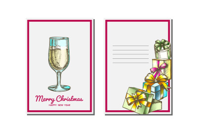 Christmas Greeting Card Vector. Champagne Bottle. Seasons. Winter Wishes. Hand Drawn In Vintage Style Illustration