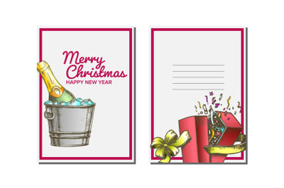 Christmas Greeting Card Vector. Champagne Bottle. Seasons. Holiday Concept. Hand Drawn In Vintage Style Illustration