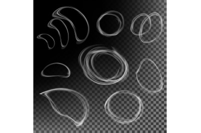 Realistic Cigarette Smoke Waves Vector. Clouds Set In Circle Form. Transparent Background.