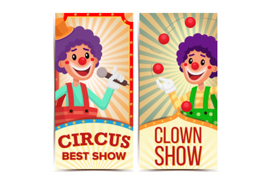 Circus Clown Vertical Banners Template Vector. Amazing Show Poster Template. Amusement Park Party. Carnival Festival Background. Illustration