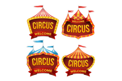 Circus Sign Set Vector. Night Carnival Sign. Circus Tent Poster. Carnival Light Bulb Frame. Flat Isolated Illustration