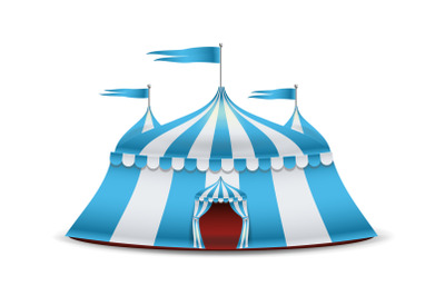 Cartoon Circus Tent Vector. Blue And White Stripes. Funfair, Carnival Holidays Concept Illustration