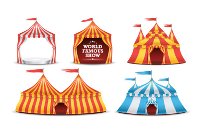 Circus Tent Set Vector. Multicolored Funfair, Carnival Holidays Concept. Illustration