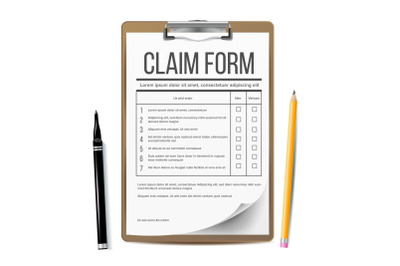 Claim Form Vector. Business Document. Accident Snd insurance Concept. Realistic Illustration