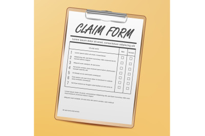 Claim Form Vector. Medical, Office Paperwork. Clipboard. Realistic Illustration