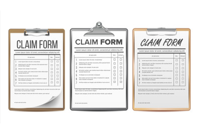 Claim Form Set Vector. Business Agreement. Legal Document. Insurance. Realistic Illustration