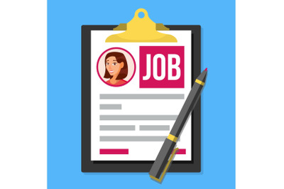 Job Application Form Vector. Female Profile Photo. HR Human Resources Concept. Office Paperwork. Clipboard. Pen. Hiring Employees. Flat Cartoon Illustration