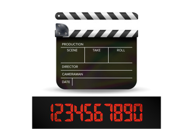 Clapper Board Vector. Digital Film Movie Clapper Board With Red Digital Numbers.