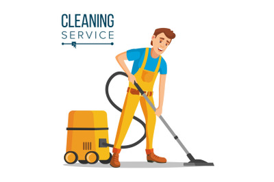 Office Cleaner Vector. Work Wiping, Dusting, Vacuuming Floor Carpets. Sanitation And Cleaner Washing. Isolated Flat Cartoon Character Illustration