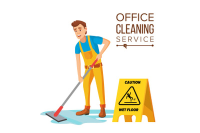 Professional Office Cleaner Vector. Janitor With Cleaning Equipment. Flat Cartoon Illustration