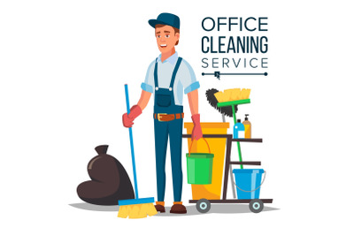 Office Cleaner Vector. Cleaner And Cleaning Equipment. Sweeper The Floor. Cartoon Character Illustration