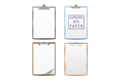 Realistic Clipboards Set Vector. Mock up For Your Design. Paper A4 Size. Isolated On White Background. Top View. Illustration