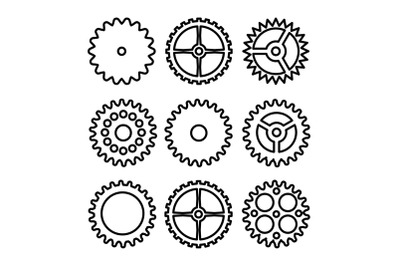 Vector Clock Gears. Outline Icons Set Clock Or Machine Wheel Mechanism. Mechanical, Technology Sign Isolated On White Background.