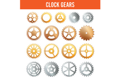 Vector Clock Gears. Metal Icons Isolated On White Background. Silver, Gold, Bronze.