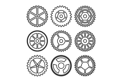 Vector Clock Gears. Outline Icons Set Clock Or Machine Wheel Mechanism. Mechanical, Technology Sign Isolated On White Background.