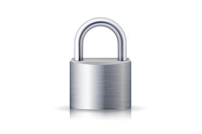 Realistic Closed Padlock Vector. Steel Lock For Protection Privacy Illustration. Isolated On White With Shadow And Reflection