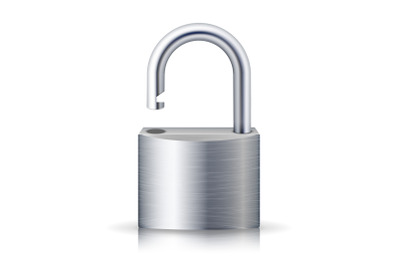 Realistic Unlocked Padlock Vector. Metal Lock For Safety Illustration. Isolated On White With Shadow And Reflection