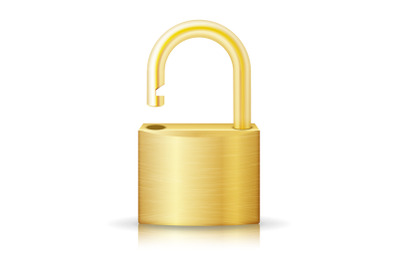 Unlocked Lock Security Yellow Icon Isolated On White. Gold Realistic Protection Privacy Sign