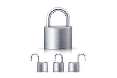 Realistic Open And Closed Silver Padlocks Set. Isolated On White