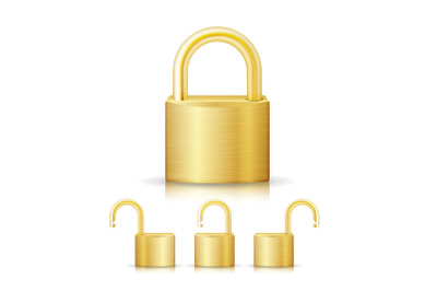 Closed Lock Security Gold Set Icon Isolated On White. Realistic Protection Privacy Sign