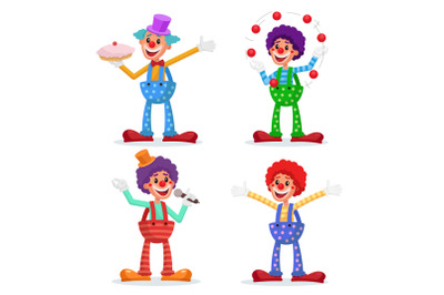 Circus Clowns Set Vector. Performance For Hilarious Laughing People. Amazing Public Circus Show. Man Juggling Balls. Isolated On White Cartoon Character Illustration