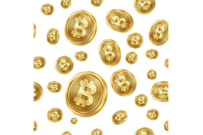 Bitcoin Seamless Pattern Vector. Gold Coins. Digital Currency. Fintech Blockchain. Isolated Background. Golden Finance Banking Texture.