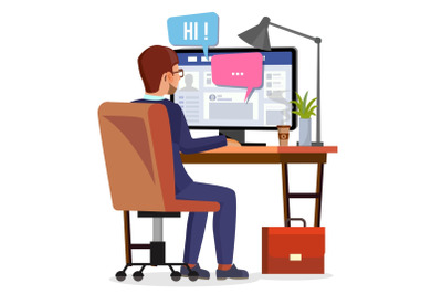 Man Communicates On Internet Vector. Personal Social Page On Screen. Communication Concept. Isolated Flat Illustration