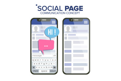 Social Page On Smartphone Vector. Speech Bubbles. Social Media App Interface. Isolated Flat Illustration