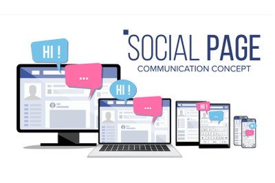 Social Page On Computer Monitor, Laptop, Tablet, Mobile Phone Vector. Electronic Gadget. Speech Bubbles. Communication Concept. Isolated Flat Illustration