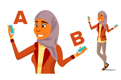 Arab Woman Comparing A With B Vector. Good Idea. Carrying A Balance. Blogger Review. Compare And Choose. Isolated Flat Cartoon Illustration