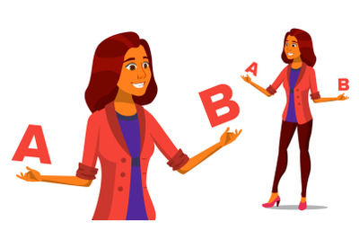 European Woman Comparing A With B Vector. Creative Idea. Balancing. Customer Review. Compare Objects, Purchases, Ideas, Strategies. Isolated Flat Cartoon Illustration