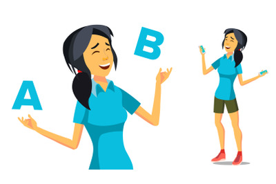 Asian Woman Comparing A With B Vector. Creative Idea. Balancing. Customer Review. Isolated Flat Cartoon Illustration