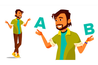 Indian Man Comparing A With B Vector. Creative Idea. Balancing. Customer Review. Compare Objects, Purchases, Ideas, Strategies. Isolated Flat Cartoon Illustration